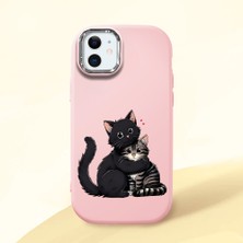 HONTINGA iPhone 12 Mini ile Uyumlu Kılıfı Kamera Korumalı Düşüme Önleyici Basitlik Pembe Yumuşak Silikon Telefon Kılıfı Kedi Desenli K4-0235