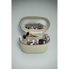 Moda Fiesta Krem Deri Görünümlü Büyük Kapasiteli Makyaj ve Aksesuar Düzenleme Kutusu Özellikli