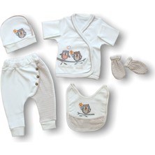 Akıllı Durak Romantik Çift Baykuş Nakışlı %100 Cotton Antibakteriyel 5li Zıbın Takımı Hastane Çıkışı