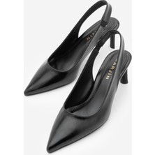 Marjin Kadın Stiletto Sivri Burun Arkası Açık Atkılı Kalın Bantlı Topuklu Ayakkabı Cenvo Siyah