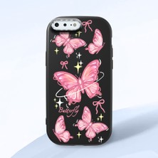 HONTINGA iPhone 8 Plus ile Uyumlu Kılıfı Kamera Korumalı Düşüme Önleyici Basitlik Siyah Yumuşak Silikon Telefon Kılıfı Pembe Kelebek Desenli K4-0256