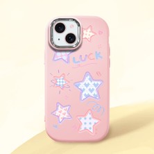 HONTINGA iPhone 15 ile Uyumlu Kılıfı Kamera Korumalı Düşüme Önleyici Basitlik Pembe Yumuşak Silikon Telefon Kılıfı Renkli Yıldızlar Desenli K4-0248