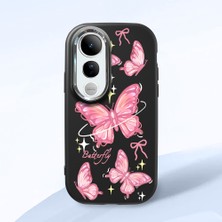 HONTINGA Vivo V50 Lite ile Uyumlu Kılıfı Kamera Korumalı Düşüme Önleyici Basitlik Siyah Yumuşak Silikon Telefon Kılıfı Pembe Kelebek Desenli K4-0256