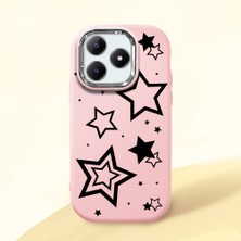 HONTINGA Realme C63 ile Uyumlu Kılıfı Kamera Korumalı Düşüme Önleyici Basitlik Pembe Yumuşak Silikon Telefon Kılıfı Siyah Yıldız Desenli K4-0245