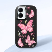 HONTINGA Vivo Y02S ile Uyumlu Kılıfı Kamera Korumalı Düşüme Önleyici Basitlik Siyah Yumuşak Silikon Telefon Kılıfı Pembe Kelebek Desenli K4-0256