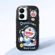 HONTINGA Vivo Y02S ile Uyumlu Kılıfı Kamera Korumalı Düşüme Önleyici Basitlik Siyah Yumuşak Silikon Telefon Kılıfı Doraemon Desenli K4-0251