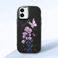 HONTINGA iPhone 16 Plus ile Uyumlu Kılıfı Kamera Korumalı Düşüme Önleyici Basitlik Siyah Yumuşak Silikon Telefon Kılıfı Mor Kelebek Desenli K4-0244