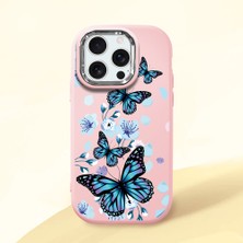 HONTINGA iPhone 16 Pro ile Uyumlu Kılıfı Kamera Korumalı Düşüme Önleyici Basitlik Pembe Yumuşak Silikon Telefon Kılıfı Mavi Kelebek Desenli K4-0230