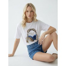 Cemo Kadın Baskılı Basic Bisiklet Yaka Beyaz Tişört