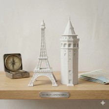 Dekoratif 3D Baskı Galata ve Eiffel Kulesi Seti - 20 cm - Beyaz