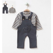 Bebeva Baby Erkek Bebek Gri Ayıcık Nakışlı Salopet ve Çizgili Body 2'li Kombin Takım