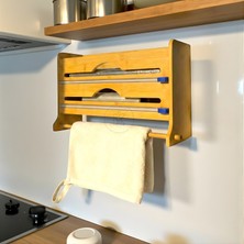 Bambu Raflı Streç Folyo Kesici Kağıt Havlu Askılığı Mutfak Organizeri Şık Duvar Standı 40X27X9 cm | Kitchera Home