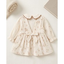 Bebeva Baby Kız Bebek Krem Müslin Çiçek Desenli Jile Elbise ve Body 2'li Takım