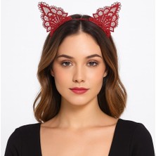 Pileli Store Dantelli Kırmızı Kedi Tacı - Vintage Tarz Dantel Kedi Kulak