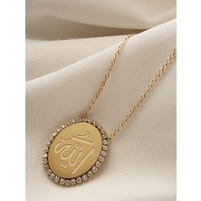 Zülisch Allah Yazılı Kolye Çelik Gold 14K Zirkon Taşlı