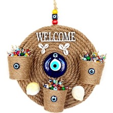 Pileli Store Üç Saksılı Welcome Yazılı Deniz Kabuklu Nazar Boncuklu Hasır Kapı Süsü