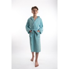 Lio20 Unisex Çocuk Genç 11-17 Yaş Arası Cepli Pamuklu Bukle Kadife Kapüşonlu Garson Boy Bornoz - Turkuaz