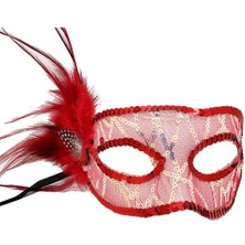 Pileli Store Kırmızı Yandan Tüylü Payetli Parti Maskesi