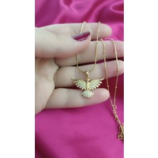 Çelik Kararma Yapmaz Zirkon Taşlı Zümrüdü Anka Kuşu Figürlü Gold Şık Zarif Kadın Kolye