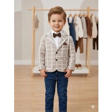 Vavbaby Erkek Çocuk Bej Kareli Blazer Ceketli Papyonlu 3’lü Takım