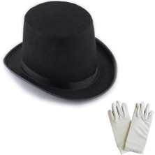 Pileli Store Siyah Sihirbaz Fötr Şapka 15 cm - 1 Çift Beyaz Sihirbaz Eldiveni - Yetişkin Boy