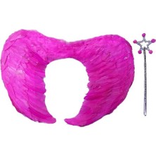 Pileli Store Gerçek Tüylü Katlanabilir Çocuk Pembe Melek Kanadı ve Asa Seti 40X55 cm