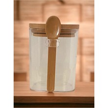 Pileli Store Kare Bambu Kapaklı Kaşıklı Kristal Plastik Baharat Saklama Kabı 500ML ( 1 Adet ) ROYALEKS-HS501