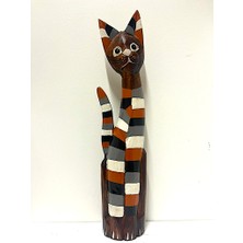 Barc Shop Ahşap Dekoratif Kedi 60 cm Büyük Çizgili Kedi Otantik El Yapımı Biblo