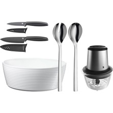 Wmf 3 Parçalı Set Touch Bıçak Seti 2 Parçalı, Koruyucu Kapaklı ve Nuova Salata Seti 3 Parçalı, Salata Kasesi ile 30 cm Salata Çatalı ve Cam Hazneli Kult x Edition Elektrikli Doğrayıcı, 320 W