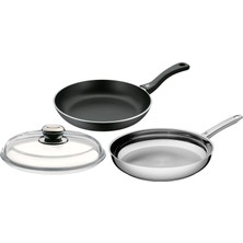 Wmf Tava Seti 3 Parça, 2 Tava 28 cm Cam Kapaklı, Cromargan Paslanmaz Çelik Kaplamasız, Alüminyum Kaplamalı