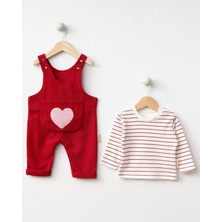 Bebeva Baby Kız Bebek Kırmızı Kalp Nakışlı Fitilli Kadife Salopet ve Çizgili Body 2'li Kombin Takım