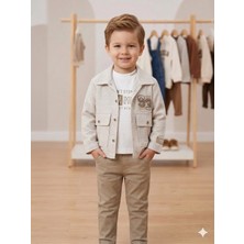 Vavbaby Erkek Çocuk Bej Keten Görünümlü Gömlek Ceket Tshirt Pantolon 3’li Takım