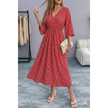 Modayız Kadın Kırmızı Desenli Yazlık V Yaka Kısa Kol Beli Lastikli Diz Altı Elbise 10C-2374