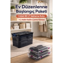 Loremp 80 Lt Tekerlekli Antrasit Kilitli Saklama Kutusu 1 Adet + 2 Adet Kadın Çizme Kutusu Düzenleyici