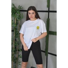 Tarz Yeri Bisiklet Yaka Baskılı Oversize T-Shirt - Beyaz -