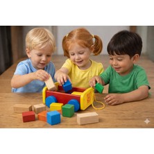 Muwody Toys Ahşap Çekmeli Araba ve Renkli Küp Blok Seti – Eğitici Oyuncak