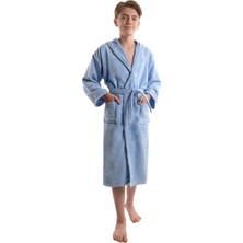 LIO20 Unisex Çocuk Genç 11-17 Yaş Arası Cepli Pamuklu Bukle Kadife Kapüşonlu Garson Boy Bornoz - Turkuaz