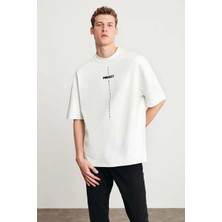 Erkek Baskılı Oversize  Kısa Kol T-Shirt - Beyaz