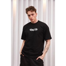 Erkek Bisiklet Yaka Baskılı  Kısa Kol Oversize T-Shirt - Siyah