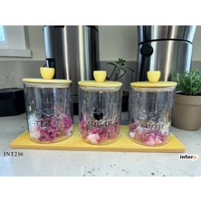 Leylart Çift Cidarlı Kavanoz Seti Bambu Altlıklı Kapaklı Çay Şeker Kahve Saklama Kavanozu (Pembe Çiçekli)