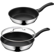 Wmf Premium Indüksiyon Tava Seti 3 Parça, 24 + 28 cm Yapışmaz Tava + Jamie Oliver Cam Kapak 28CM, Hafif Kızartma Için, Indüksiyonlu Ocaklara Uygun Cromargan Paslanmaz Çelik, Ergonomik Plastik Sap