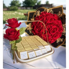 Altın İz Gıda Kişiye Özel Isimli Gold Kulplu Gondol Isteme Çikolatası ve Kırmızı Gül Buketi - Söz Nişan Çikolata Seti