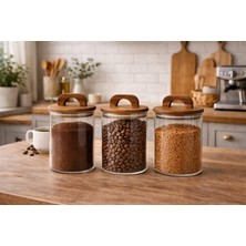 Durina Living Akasya Kapaklı 3'lü Cam Kahve Kavanozu 900 ml Vakumlu Kahve Çay Şeker Saklama