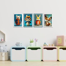 TASARIM ŞEYLER 4 Parça Hayvan Figürlü Çocuk ve Bebek Odası Mdf Tablo Seti - Tilki, Tavşan, Penguen, Ayı
