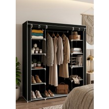 Missidea Çift Yandan Raflı Bez Elbise Dolabı Metal Profil Iskelet Gardırop Siyah