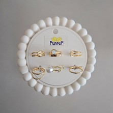 Purpur Acessories 6'lı Zirkon Pirinç Incili ve Taşlı Yüzük Seti