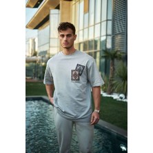 Erkek Bisiklet Yaka Kilim Baskılı  Kısa Kol Oversize T-Shirt - Boyalı Gri