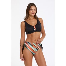 Argento Kadın Siyah Çizgili Sabit Kaplı Ayarlanabilir Askılı Yüksek Bel Yanı Ayarlanabilir Bikini Takımı
