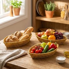 TeknoKapsül Uravas Store® 3’lü Kayık Formlu Plastik Rattan Sepet Seti–hasır Görünümlü Ekmek, Meyve ve Sunum Sep