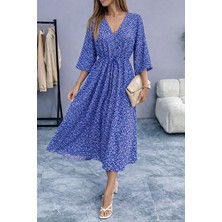 Modayız Kadın Mavi Desenli Yazlık V Yaka Kısa Kol Beli Lastikli Diz Altı Elbise 10C-2376